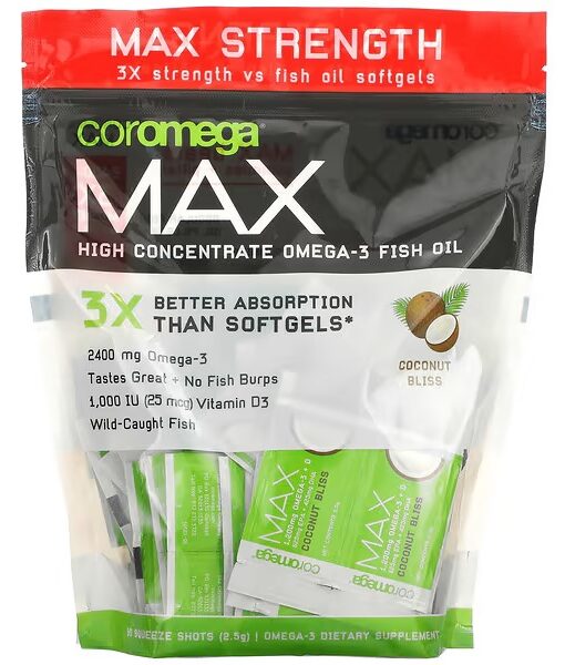 Coromega, Max High Concentrate Omega-3 Fish Oil, Coconut Bliss, 90 Squeeze Shots, 2.5 g Each