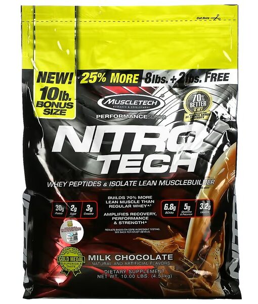 MuscleTech, Nitro Tech, Whey Peptides & Isolate Lean Musclebuilder, Milk Chocolate, 10 lbs (4.54 kg)