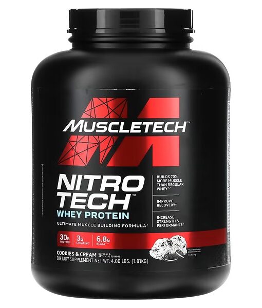 MuscleTech, Nitro Tech, Whey Protein, Ultimate Muscle Building Formula, Cookies and Cream, 4 lbs (1.81 kg)