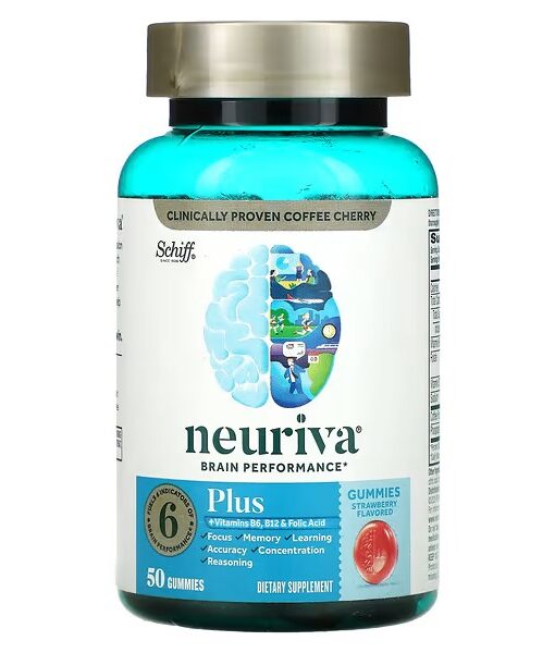 Schiff, Neuriva Brain Performance, Plus Vitamins B6, B12 and Folic Acid, Strawberry, 50 Gummies