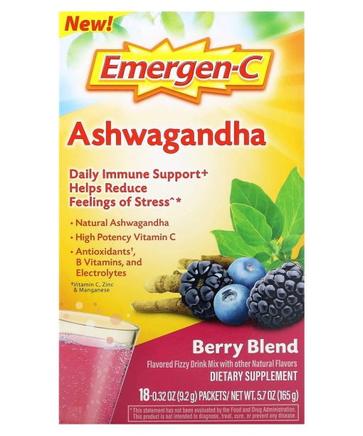 Emergen-C, Ashwagandha, Berry Blend, 18 Packets, 0.32 oz (9.2 g) Each