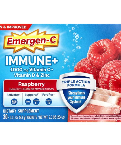 Emergen-C, Immune+ Vitamin C + Vitamin D & Zinc, Raspberry, 30 Packets, 0.31 oz (8.8 g) Each