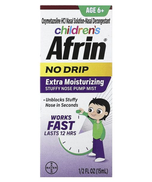 Afrin, Children's, No Drip Extra Moisturizing Stuffy Nose Pump Mist, Age 6+, 1.2 fl oz (15 ml)