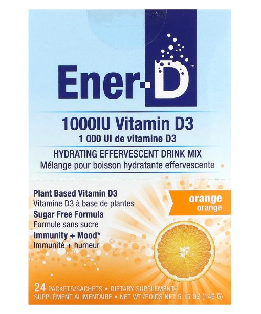 Ener-C, Ener-D, Vitamin D3, Hydrating Effervescent Drink Mix, Sugar Free, Orange, 1,000 mg, 24 Packets