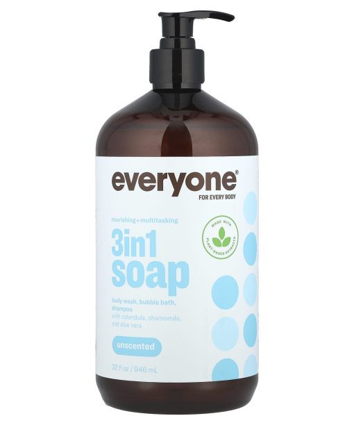 Everyone, 3 in 1 Soap, Body Wash, Bubble Bath, Shampoo, Unscented, 32 fl oz (946 ml)
