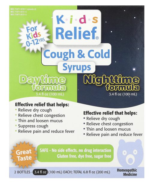 Homeolab USA, Kids Relief®, Cough & Cold Syrups, Daytime & Nighttime Formula, 0-12 Yrs, 2 Bottles, 3.4 fl oz (100 ml) Each