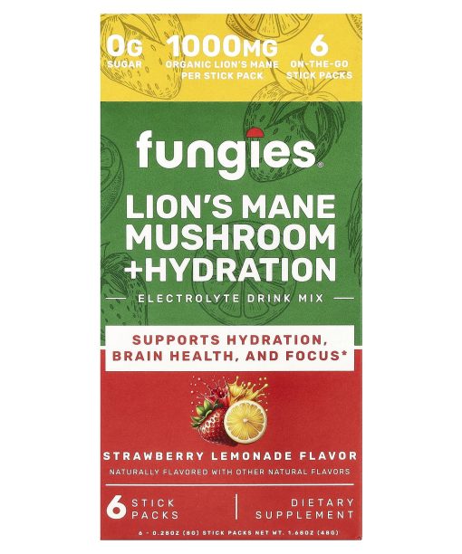 Fungies, Lion's Mane Mushroom + Hydration, Electrolyte Drink Mix, Strawberry Lemonade, 6 Stick Packs, 0.28 oz (8 g) Each