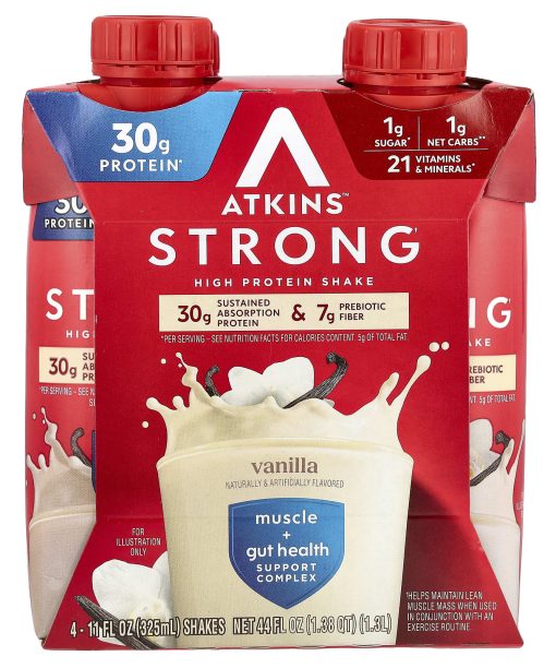 Atkins, Strong, High Protein Shake, Vanilla, 4 Shakes, 11 fl oz (325 ml) Each