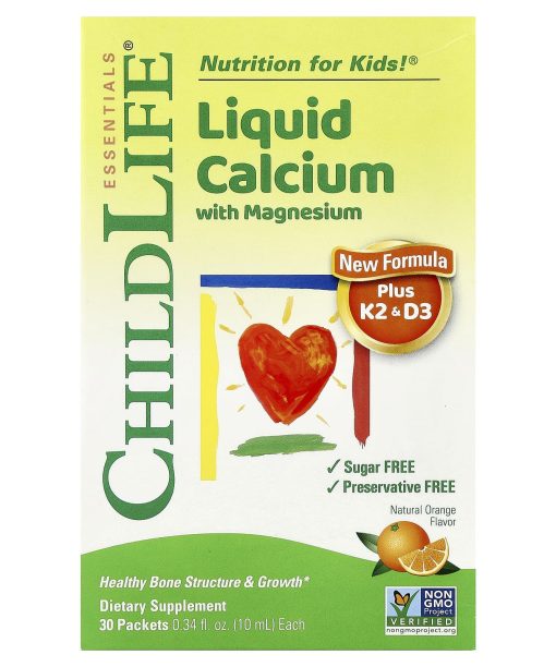 ChildLife Essentials, Liquid Calcium with Magnesium Plus K2 & D3, Natural Orange, 30 Packet, 0.34 fl oz (10 ml)