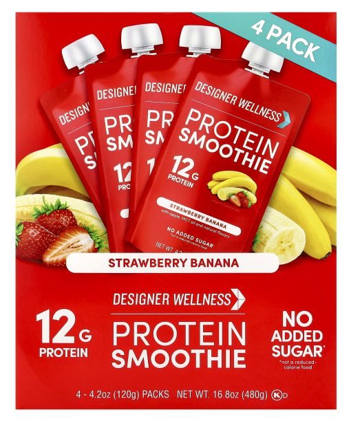Designer Wellness, Protein Smoothie, Strawberry Banana, 4 Packs, 4.2 oz (120 g) Each