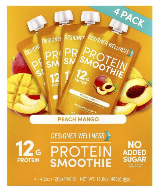 Designer Wellness, Protein Smoothie, Peach Mango, 4 Packs, 4.2 oz (120 g) Each