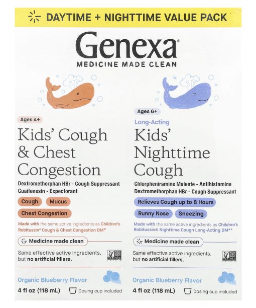 Genexa, Kids' Cough & Chest Congestion Ages 4+, Kids' Nighttime Cough Ages 6+, Organic Blueberry, 2 Pack, 4 fl oz (118 ml) Each