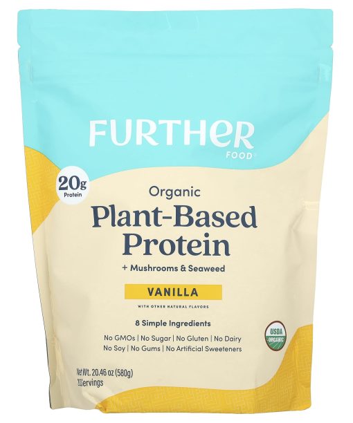 Further Food, Organic Plant-Based Protein + Mushrooms & Seaweed, Vanilla, 20.46 oz (580 g)