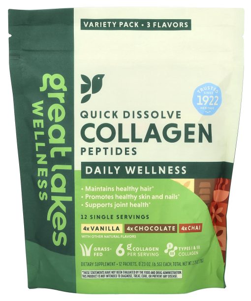 Great Lakes Wellness, Quick Dissolve Collagen Peptides, Daily Wellness, Variety Pack, 12 Packets, 0.23 oz (6.5 g) Each