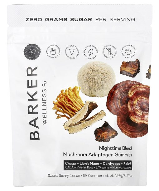 Barker Wellness Co, Nighttime Blend, Mushroom Adaptogen Gummies, Mixed Berry Lemon, 60 Gummies