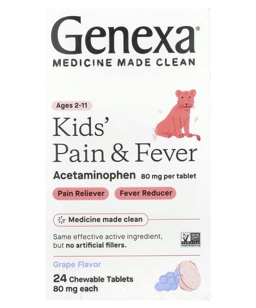 Genexa, Kids' Pain & Fever, Ages 2-11, Grape, 80 mg, 24 Chewable Tablets
