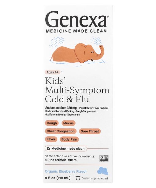 Genexa, Kids' Multi-Symptom Cold & Flu, Ages 4+, Organic Blueberry, 4 fl oz (118 ml)