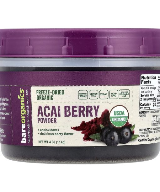 BareOrganics, Freeze-Dried Raw Organic Acai Berry Powder, 4 oz (114 g)