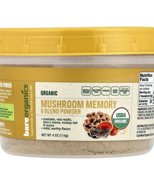 BareOrganics, Organic Mushroom Memory 6 Blend Powder, 4 oz (114 g)