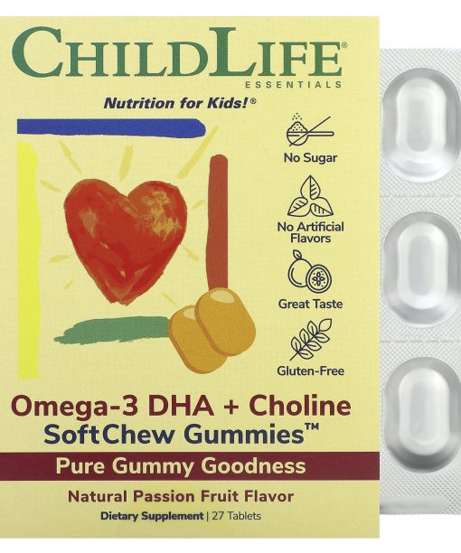 ChildLife Essentials, Essentials, Omega-3 DHA + Choline, SoftChew Gummies, Passion Fruit, 27 Tablets