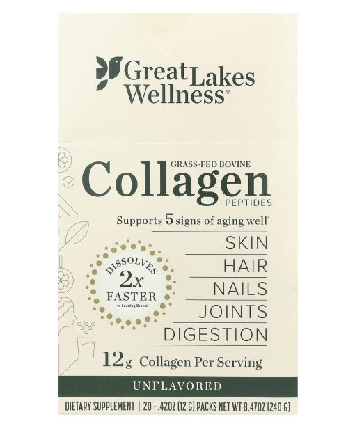 Great Lakes Wellness, Grass-Fed Bovine Collagen Peptides, Unflavored, 20 Packs, 0.42 oz (12 g) Each
