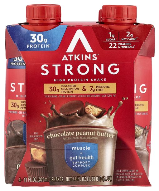 Atkins, Strong, High Protein Shake, Chocolate Peanut Butter, 4 Shakes, 11 fl oz (325 ml) Each