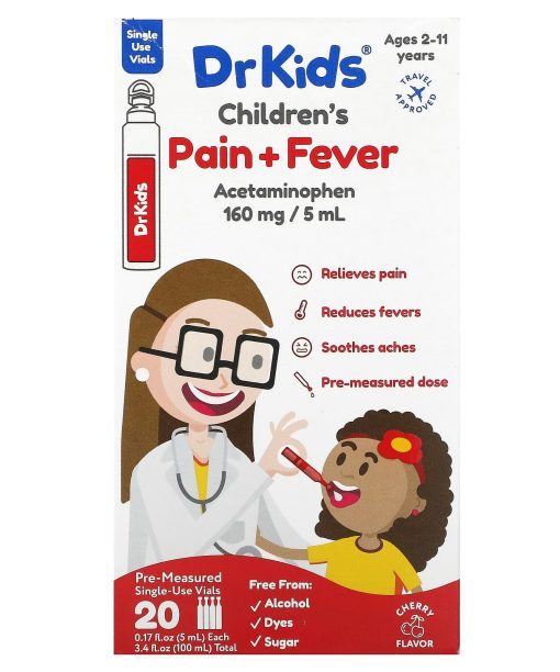 DrKids, Children's Pain + Fever, Ages 2-11 Years, Cherry, 20 Pre-Measured Single-Use Vials, 0.17 fl oz (5 ml) Each