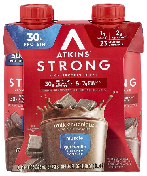 Atkins, Strong, High Protein Shake, Milk Chocolate, 4 Shakes, 11 fl oz (325 ml) Each