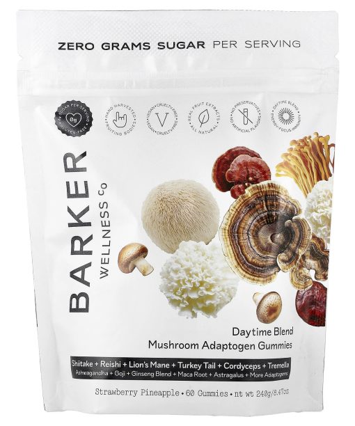 Barker Wellness Co, Daytime Blend, Mushroom Adaptogen Gummies, Strawberry Pineapple, 60 Gummies
