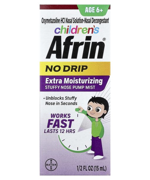 Afrin, Children's, No Drip Extra Moisturizing Stuffy Nose Pump Mist, Age 6+, 1.2 fl oz (15 ml)