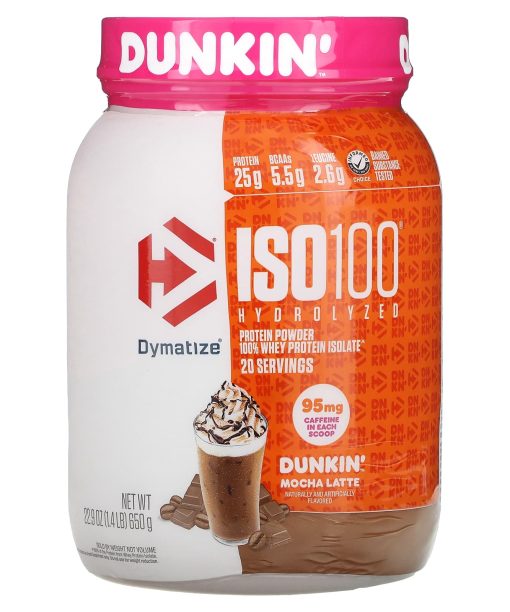 Dymatize, ISO100® Hydrolyzed, 100% Whey Protein Isolate, Dunkin’ Mocha Latte, 1.4 lb (650 g)