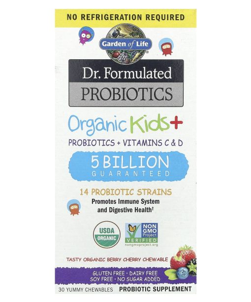 Garden of Life, Dr. Formulated Probiotics, Organic Kids + Probiotics + Vitamins C & D, Tasty Organic Berry Cherry, 30 Yummy Chewables